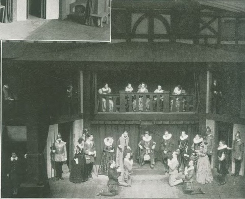 Actors performing on replica Fortune Theater set in the Natural Sciences Auditorium (UI MacBride Hall, 1934). Kent Collection, University of Iowa Libraries  Special Collections, reprinted with permission.