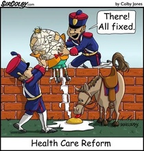 Humpty Dumpty health care cartoon, showing badly cracked and repaired egg held up by soldiers, its yolk on the ground, and a caption that says "There! All fixed."a caption
