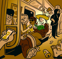 Picture of a busy subway car with an impression that Walt Whitman is seated there, writing
