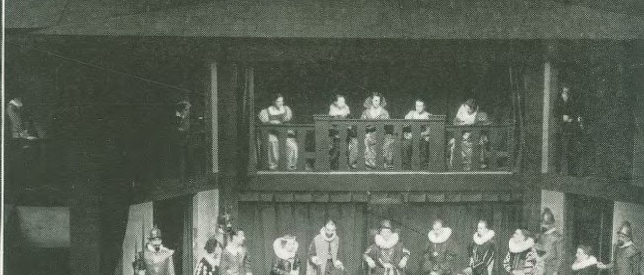 Actors performing on replica Fortune Theater set in the Natural Sciences Auditorium (UI MacBride Hall, 1934). Kent Collection, University of Iowa Libraries  Special Collections, reprinted with permission.