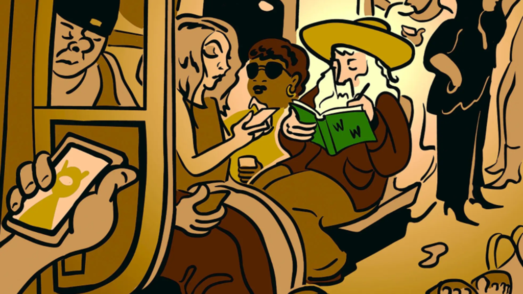 Picture of a busy subway car with an impression that Walt Whitman is seated there, writing